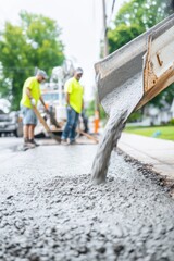 Fototapeta premium Fresh concrete being poured from chute onto sidewalk with construction workers in safety gear nearby