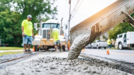 Fototapeta premium Close up low angle view of fresh concrete being poured from a chute on a construction site