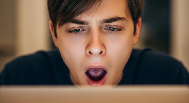 Young man expresses shock and surprise while looking at his laptop screen with his mouth wide open in disbelief