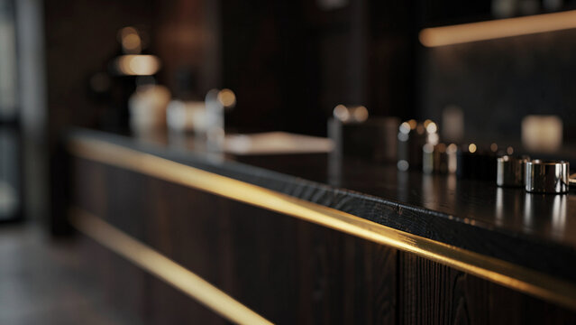 Upscale bar counter with metallic cocktail tools and gold trim