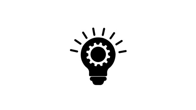 Lamp bulb with gear rotating inside, turns on and off, black and white simple flat icon. Animated idea, innovation sign. Gloving incandescent lamp symbol on transparent background. alpha channel.