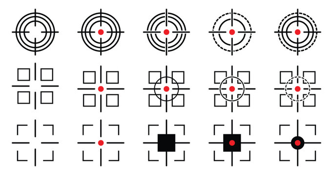 Abstract target focus icon Set vector illustration for UI UX App interface business technology and aim concept. Target aim and focus icon set concentric rings and marks. Vector illustration