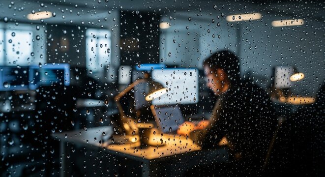 Man working late in office during rainy weather, viewed through a wet window with raindrops