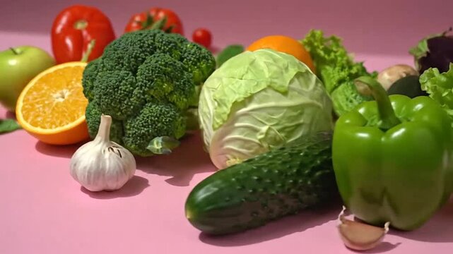 A colorful assortment of fresh organic produce arranged on a soft pink background