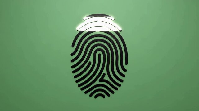 Single fingerprint scanning animation, glowing biometric lines and digital code streams, green background, cybersecurity identification concept, 4K video