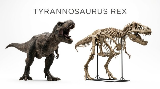 Detailed Tyrannosaurus Rex Model and Skeleton Displayed on White Background