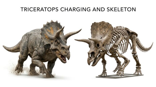 Detailed Triceratops Model and Fossil Skeleton Displayed on White Background