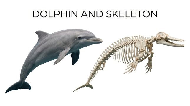 Realistic Dolphin and Detailed Skeleton Displayed Side by Side on White Background