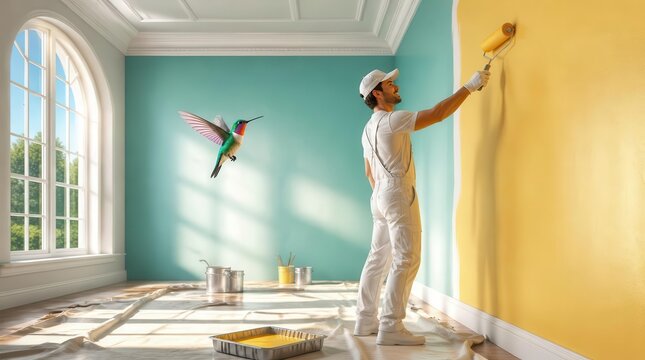 A professional painter uses a paint roller with precision to apply yellow paint in a sunlit room featuring an arched window, decorative molding, and a vibrant hummingbird fluttering in the space.