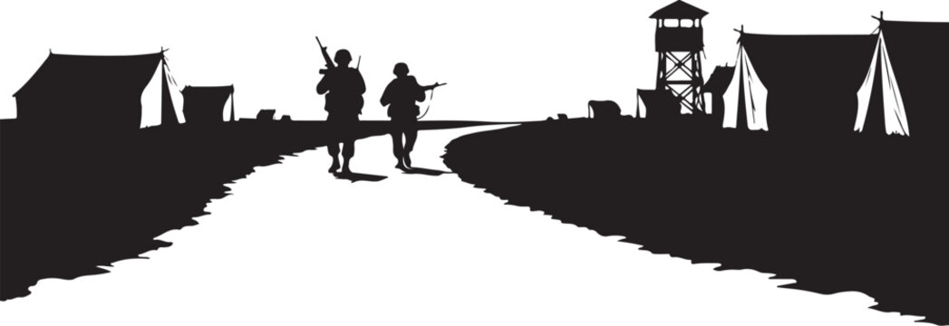 Black silhouette of soldiers walking on path through military