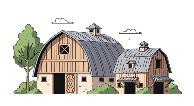 Traditional large wooden barn and smaller shed building set on a farm landscape with green trees and white background.
