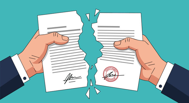 Hands of business professionals tearing a signed legal contract or agreement in half to symbolize termination of deal.