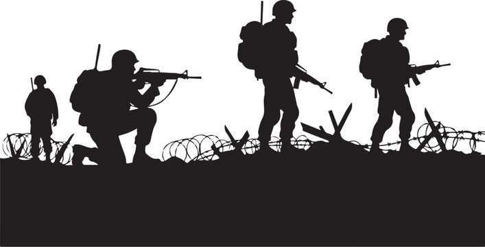 Black silhouette of soldiers with guns and barbed wire