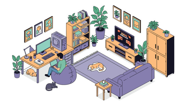 Cozy isometric living room interior with a person working on a computer, various house plants, and pets resting.