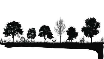 Fototapeta premium Trees arranged in a horizontal silhouette line provide a natural border for artistic design projects that require a clean and minimalist aesthetic composition against a solid white background space.