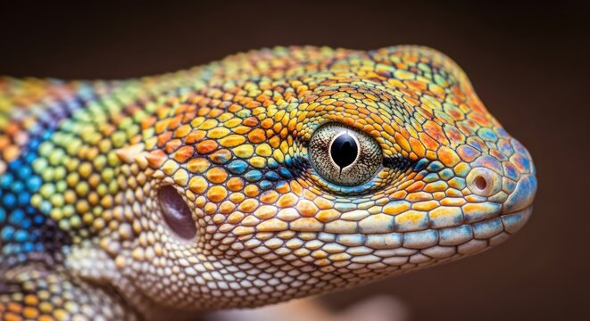 Colorful lizard head close-up profile.