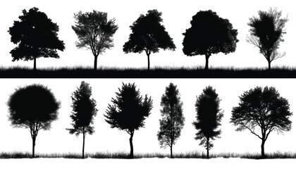 Fototapeta premium Trees represented as black silhouettes provide a comprehensive collection of botanical shapes for diverse graphic design projects requiring natural elements on a clean white background for easy.