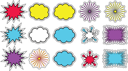 Comic speech bubbles and empty pop art explosion burst elements set for cartoon text dialogue labels stickers background vector © Halima