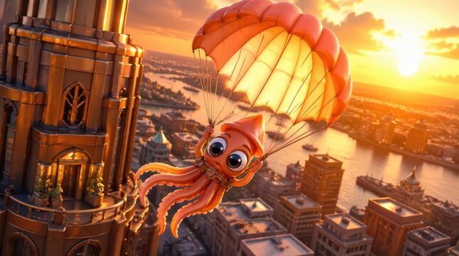 Cute cartoon squid paragliding over a vibrant cityscape during golden hour light, captured in a high resolution gigapixel standard cinematic wide angle view that showcases urban beauty and wonder.