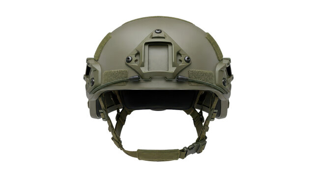 Clean flat vector tactical ballistic helmet with mounting hardware, isolated on transparent background for professional military equipment visualization, detailed combat gear design asset.