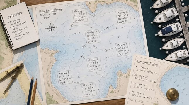 Detailed nautical navigation chart showing outer harbor moorings, depth markers, and modern pleasure boats docked at a marina during an afternoon heat shimmer on a bright sunny day in May 2026.
