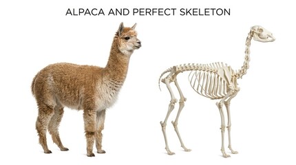 Fototapeta premium Brown Alpaca Standing Beside Anatomical Skeleton on White Background
