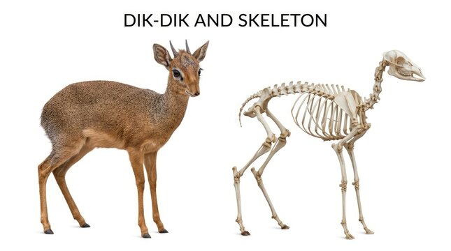 Small Dik Dik Antelope Standing Beside Animal Skeleton on White Background
