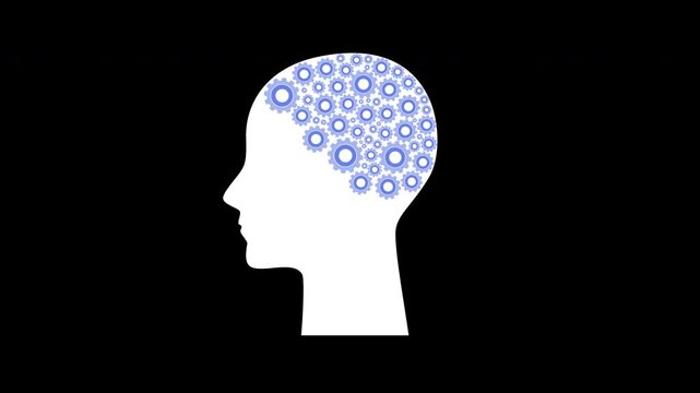 Human head with gear wheels inside concept loop animation video with alpha channel