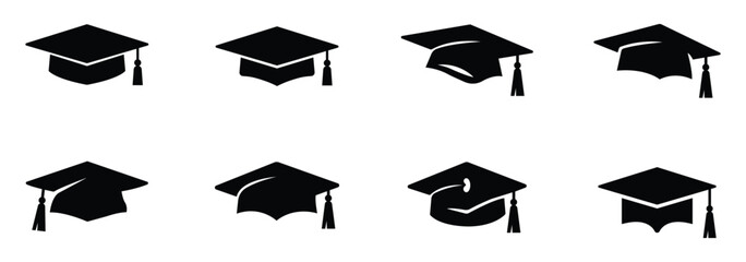 Graduation cap icon set. Mortar board or college graduation hat collection signs. Education symbol, logo vector illustration. © Hike Studio 444