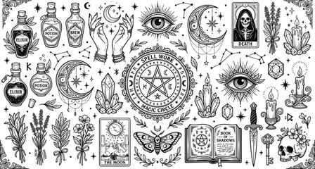 Mystic witchcraft spell work vector bundle with magic circle tarot cards potion bottles skull book of shadows crystal elements © MdAlom