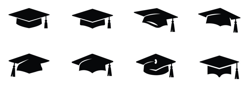 Graduation cap icon set. Mortar board or college graduation hat collection signs. Education symbol, logo vector illustration.