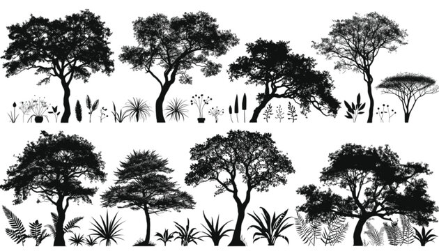 Trees displayed as a collection of black silhouettes showcase various species and wild shrubbery arranged in two rows to provide diverse botanical elements for professional landscape design projects.