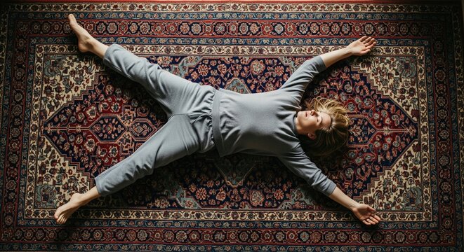 Dramatic man lying on patterned carpet with arms crossed in intense emotional expression