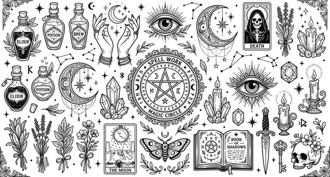 Mystic witchcraft spell work vector bundle with magic circle tarot cards potion bottles skull book of shadows crystal elements