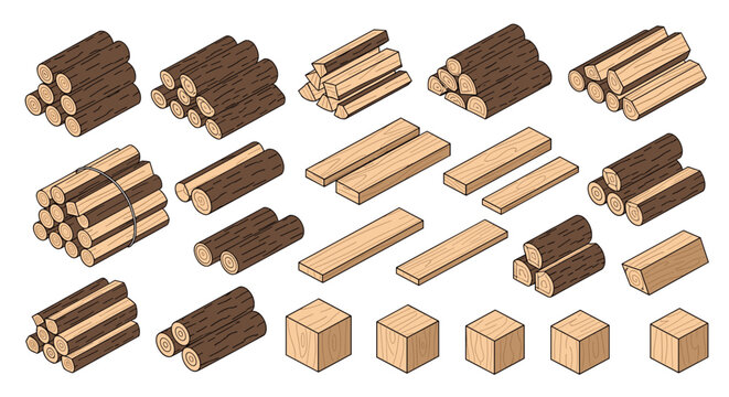 Variety of wooden logs, timber planks, and firewood stacks are arranged in an organized collection for construction or heating purposes.