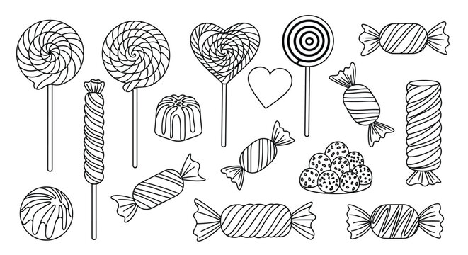 Assortment of different types of candies lollipops and sweets shown in a black and white line art style for coloring or design projects.
