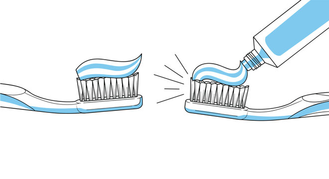 Close up illustration of two toothbrushes with blue and white striped toothpaste being squeezed from a tube onto one of them.