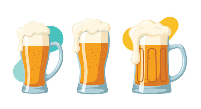 Three glasses of cold lager beer with thick white foam heads set against colorful abstract shapes for a refreshing and cold summer beverage.