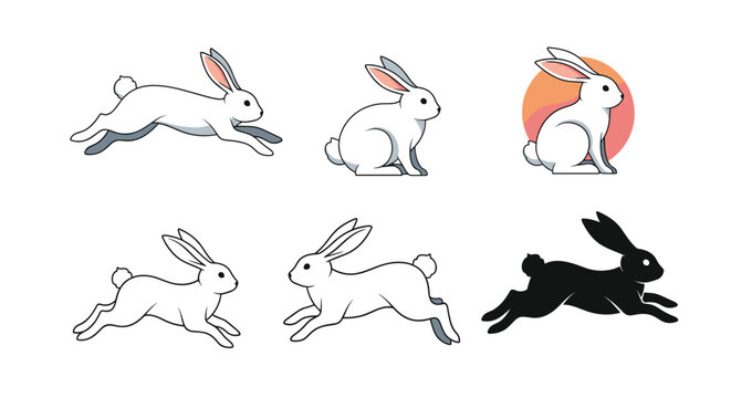 Animation frames of a white rabbit jumping, sitting, and its black silhouette for versatile use in character design and creative graphics.