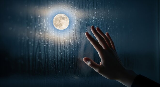 Silhouette reaching toward glowing moon in cosmic digital rain at night