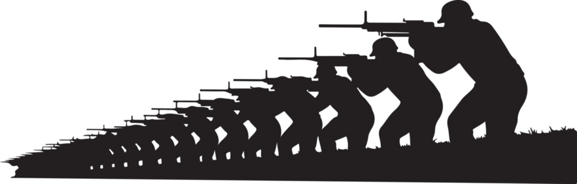 Black silhouettes of soldiers in a row aiming guns to line