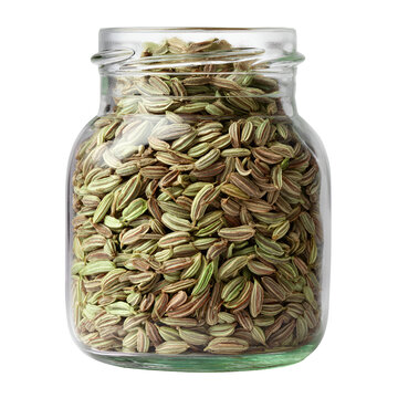 Glass jar filled with dried cumin seeds on white background