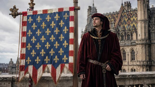 Burgundy Fleur de Lis Flag with Period Man in Historic Setting