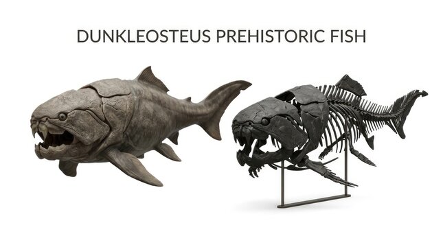 Detailed Dunkleosteus Prehistoric Fish Model and Skeleton Displayed on White Background