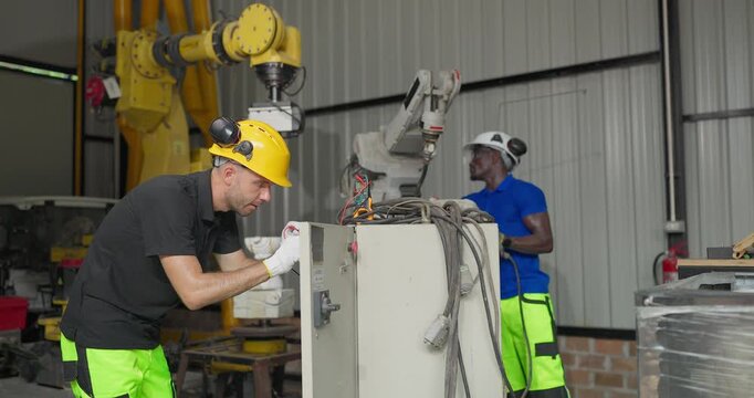 Technicians troubleshoot robotic arm control systems in a workshop, checking settings, electrical components and maintenance data for automation upgrade.
