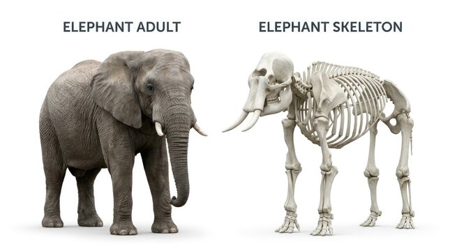 Realistic Adult Elephant Standing Beside Elephant Skeleton on White Background