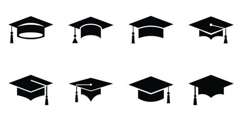 Graduation cap icon set. Mortar board or college graduation hat collection signs. Education symbol, logo vector illustration. © Hike Studio 444