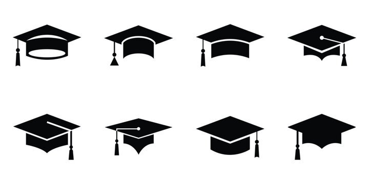 Graduation cap icon set. Mortar board or college graduation hat collection signs. Education symbol, logo vector illustration.