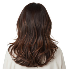 Naklejka premium long wavy brunette hair flowing on shoulders isolated on transparent background