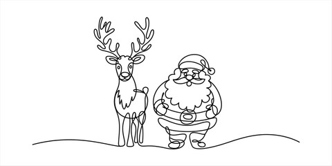 Continuous single line drawing of santa claus and a reindeer standing together for christmas celebration © Pabon Art Gallery